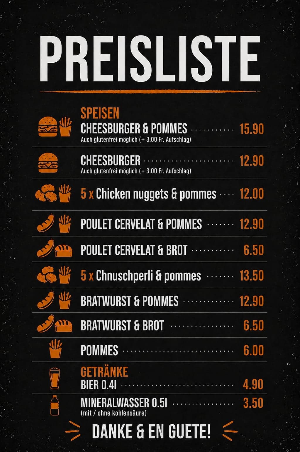 Preisliste des Foodtrucks bei Pan Rolito: Cheeseburger, Chicken Nuggets, Bratwurst, Pommes.