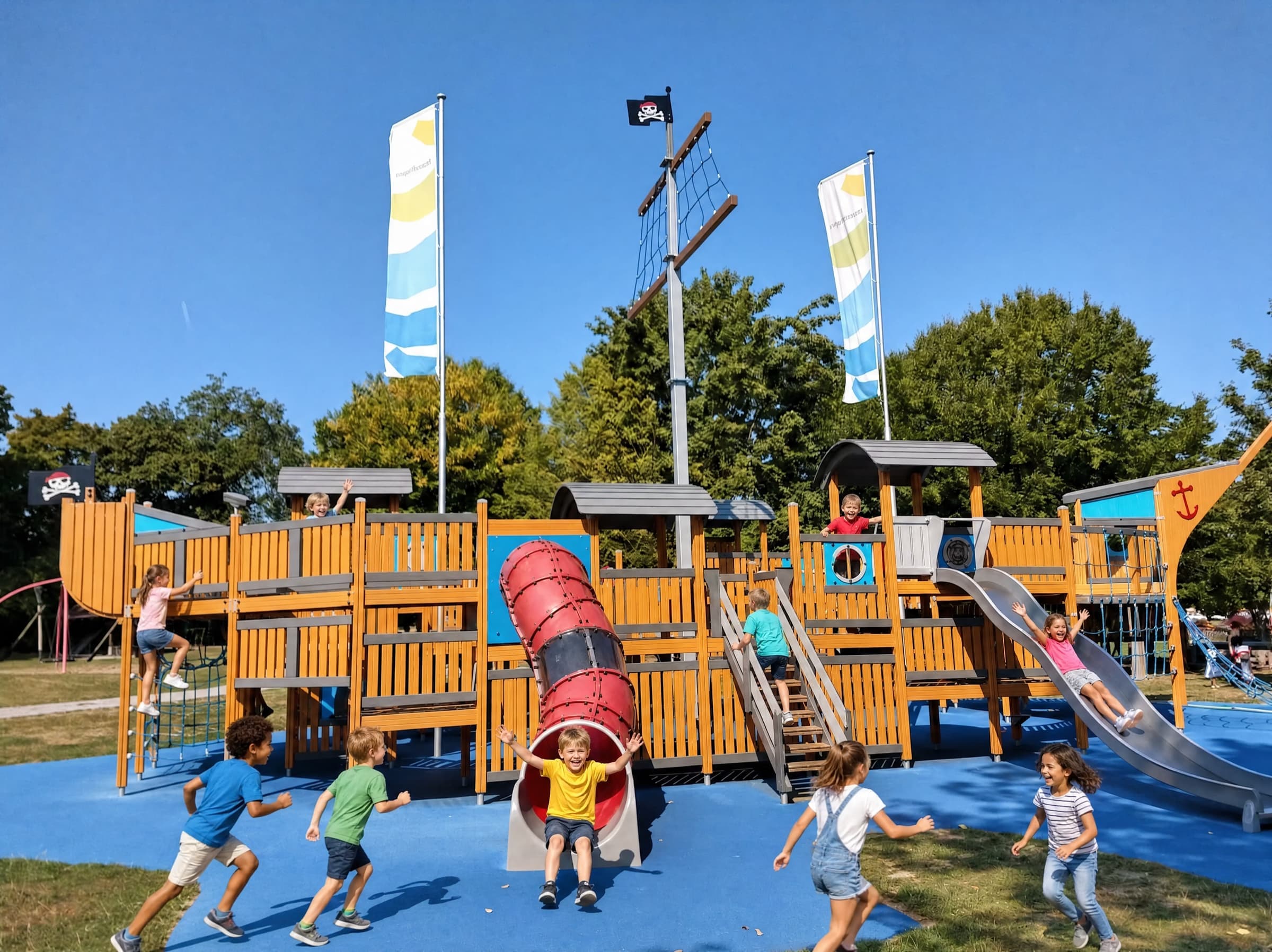 Kinder spielen auf dem Piratenschiff im Abenteuerspielplatz Seeburgpark Kreuzlingen, direkt neben der Pan-Rolito-Minigolfanlage.